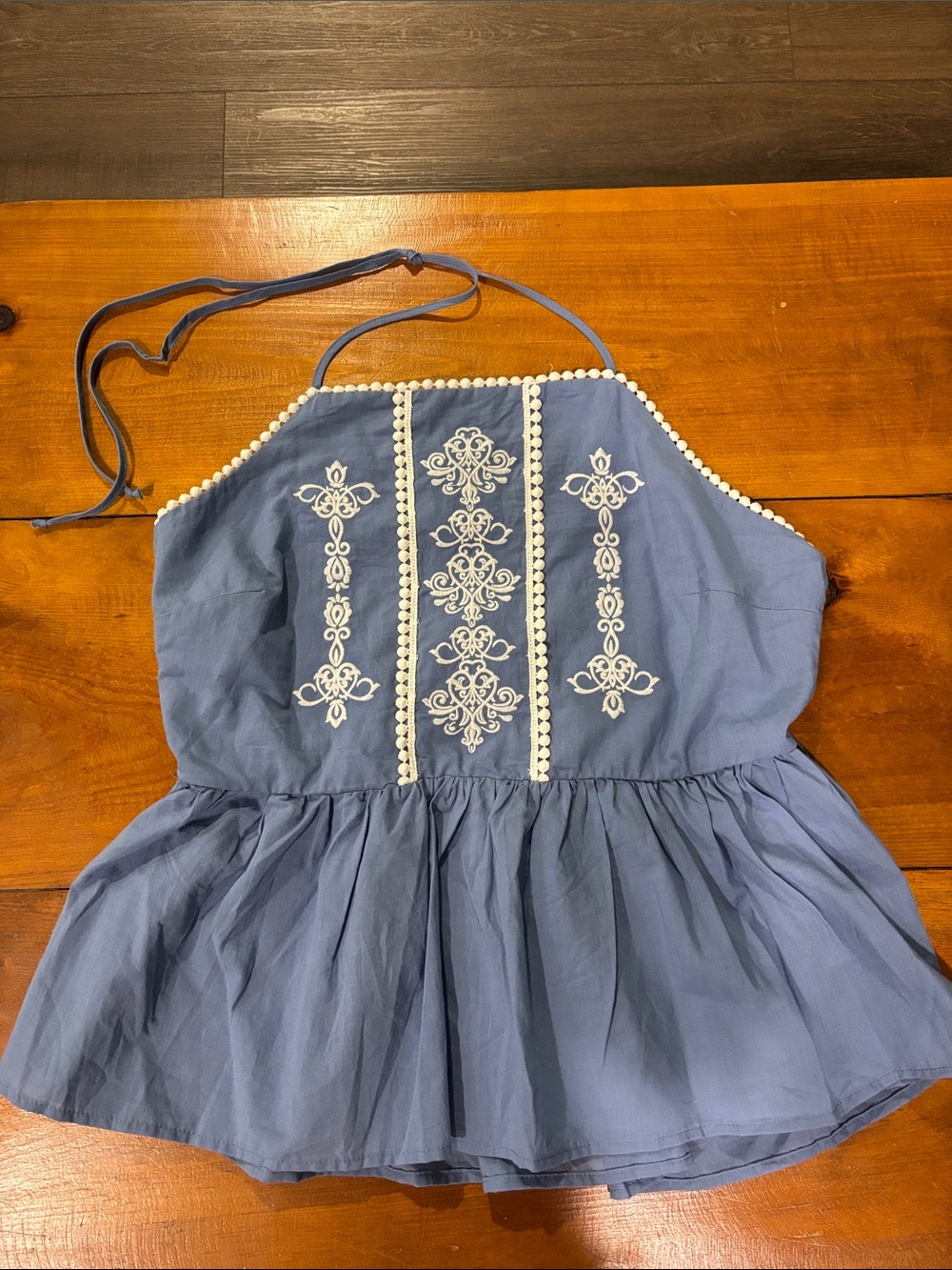 Blue Embroidered Halter Tank Top with Pom Trim